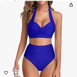NWT XXLTwo Piece Vintage Swimsuit Halter Ruched High Waist Bikini with Bottom